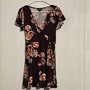 A. Byer Burgundy Floral Wrap Mini Dress with Peach Blooms